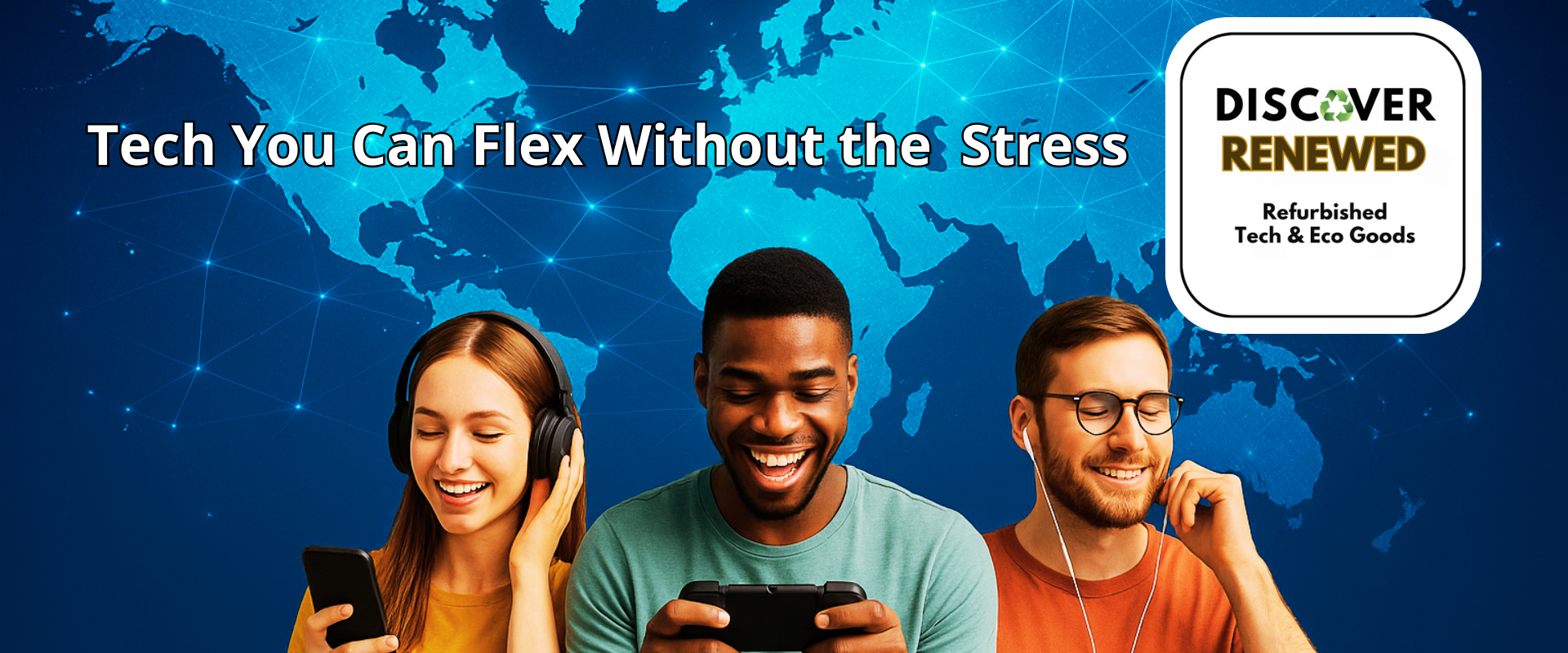 Three people smiling while using refurbished tech devices and smartphones